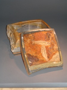 Fossil Fish inlaid Desert Stripped Alabaster Container.